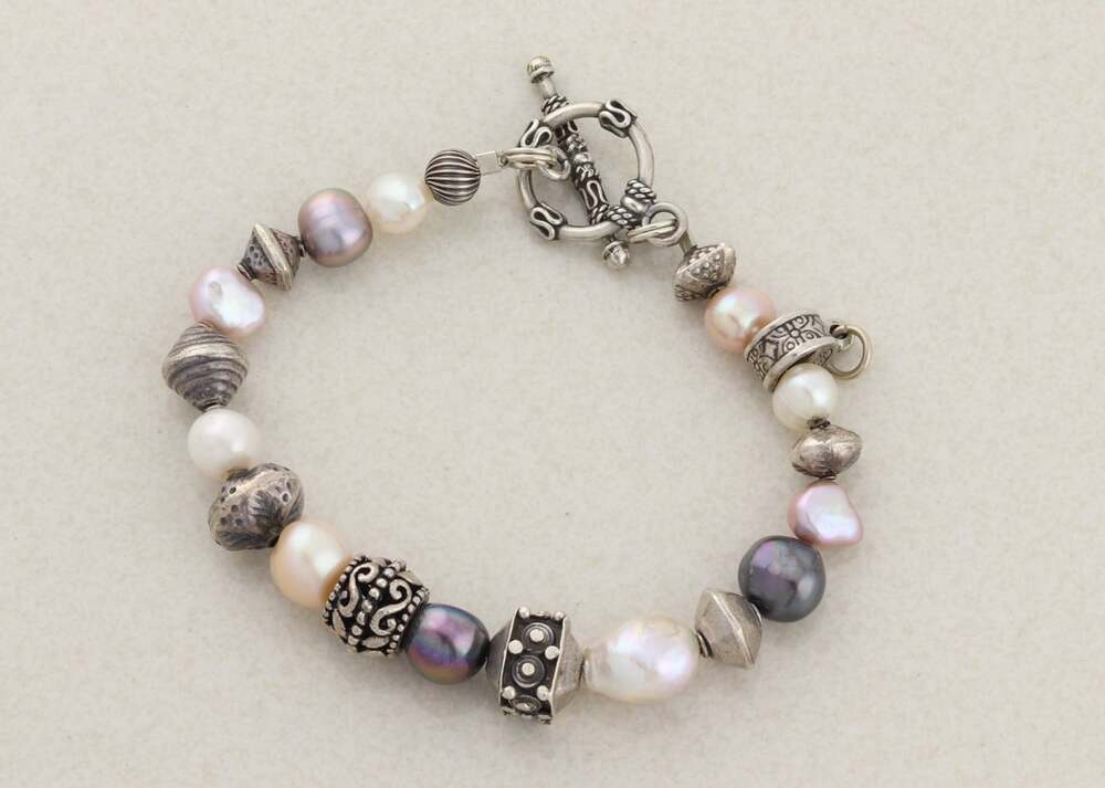 Sterling Silver Pink, White, Grey Pearl Bali Bracelet Add Charm 7 1/2" inch